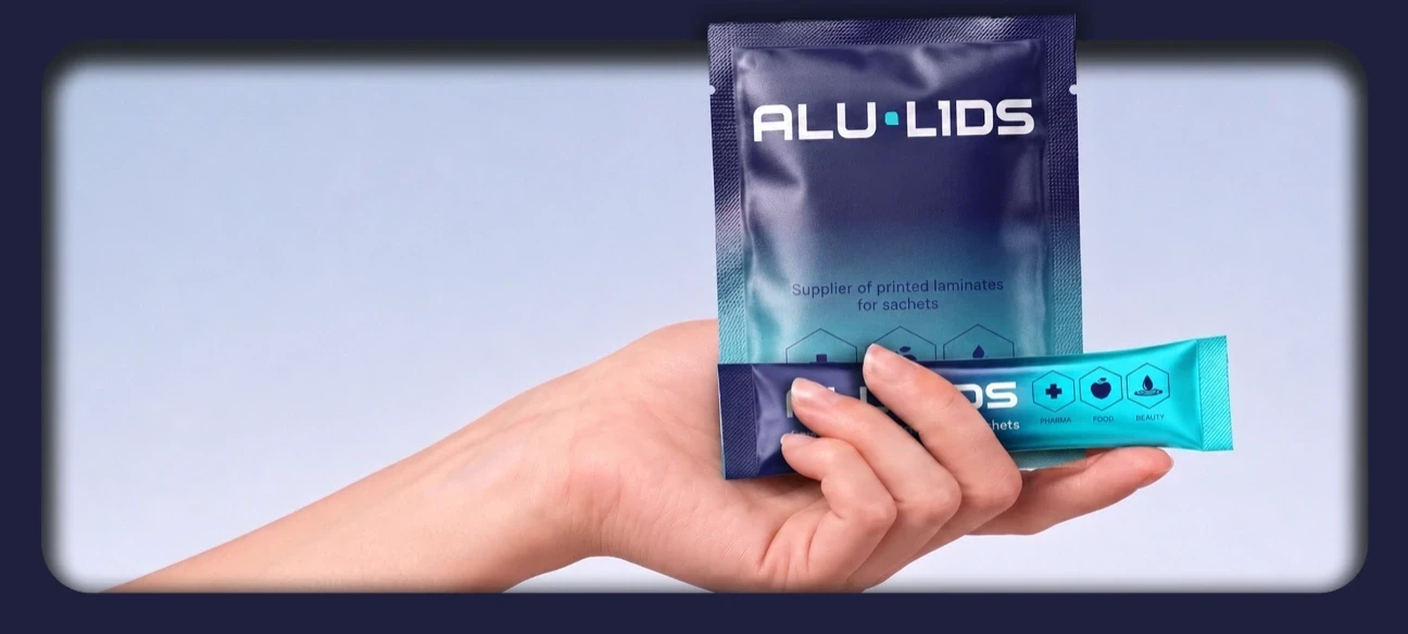 Dłoń trzymająca saszetkę z folii aluminiowej