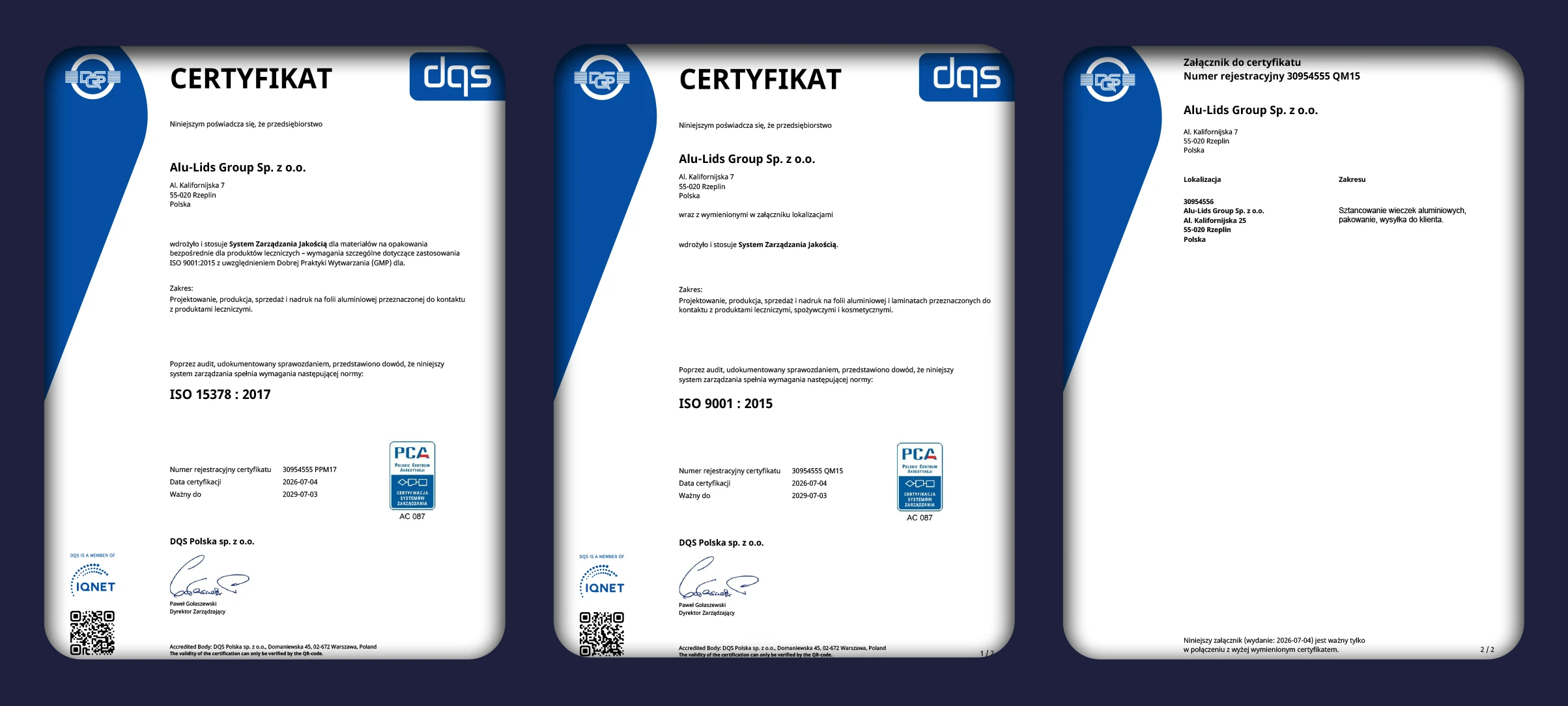 Certyfikaty DQS potwierdzające wdrożenie norm jakości przez Alu-Lids Group. Dokument potwierdza zgodność z normą iso 15378 2017 oraz ISO 9001:2015